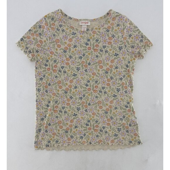 Cat & Jack Ditzy Floral‎ Ribbed Knit Top Girls Short Sleeve Beige Shirt L 10/12 - Picture 1 of 7